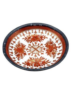 Vintage Japanese Pewter Encased Hand-Painted Floral Porcelain Bowl ACF Hong Kong